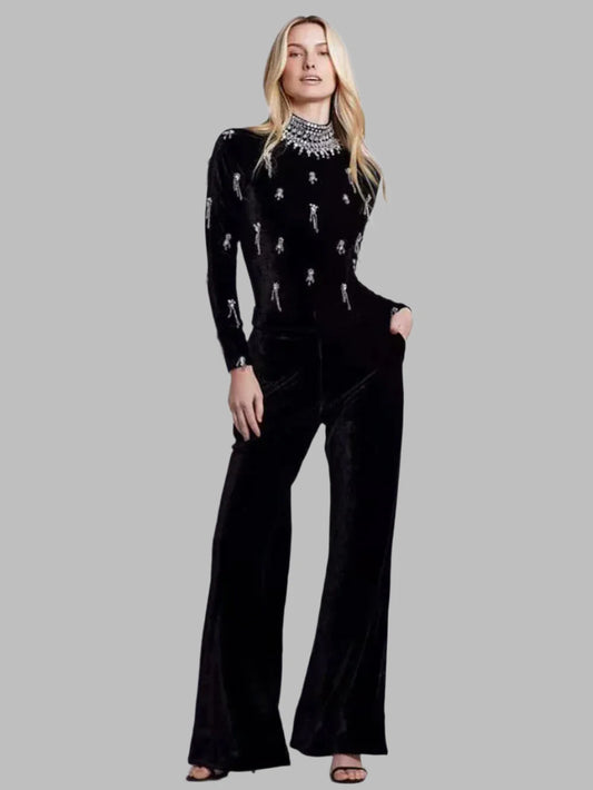 Turtleneck Beading Diamonds Tassel Long Sleeve Wide Leg Bandage Jumpsuits