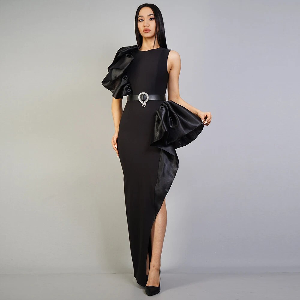 One Shoulder Bubble Sleeve Asymmetric Bandage Maxi Dress