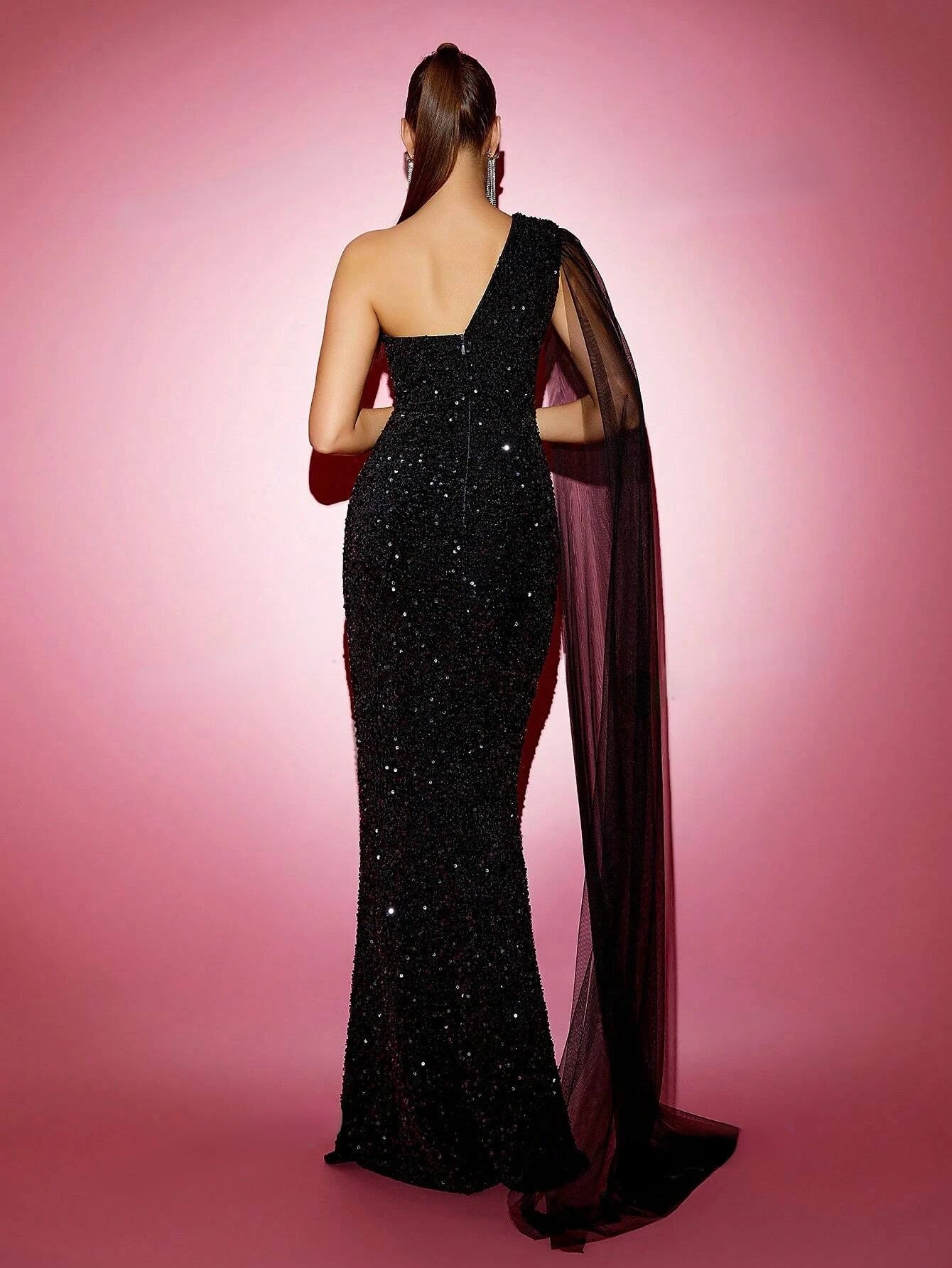 One Shoulder Asymmetrical Neck Sparkly Sequin Mermaid Evening Maxi Dress