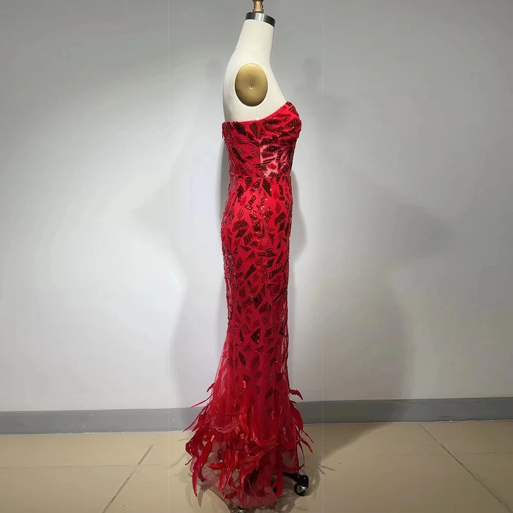 V-Neck Sparkling Sequin Diamond Feather Mermaid Maxi Dress