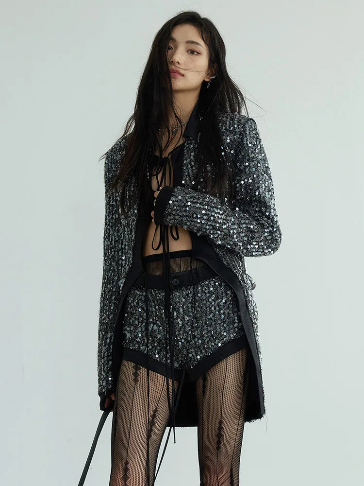 Sequins V Neck Long Sleeve Patchwork Lace Up Top High Waist Shorts Set