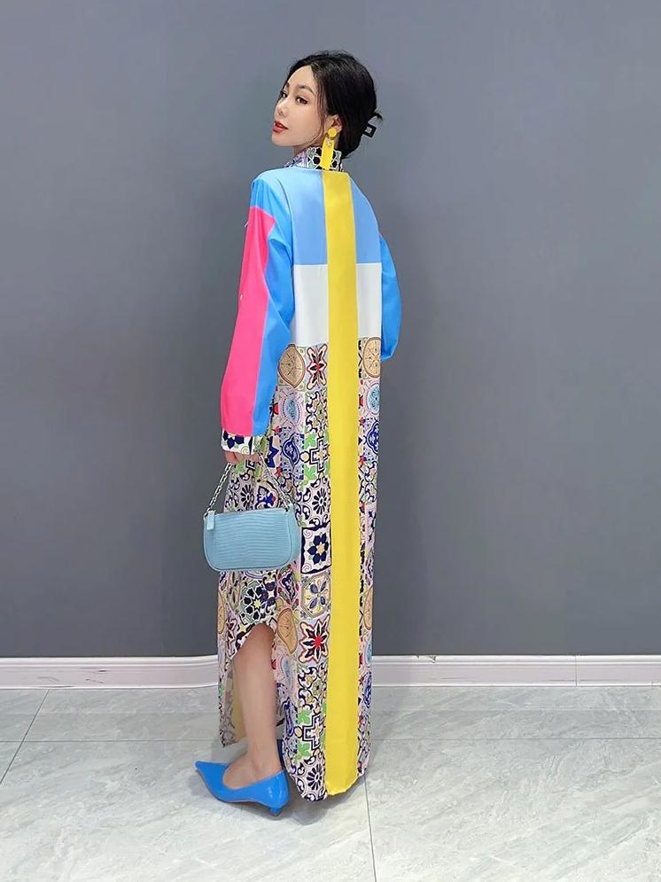 Coloured Print Polo Collar Casual Spliced Maxi Dress