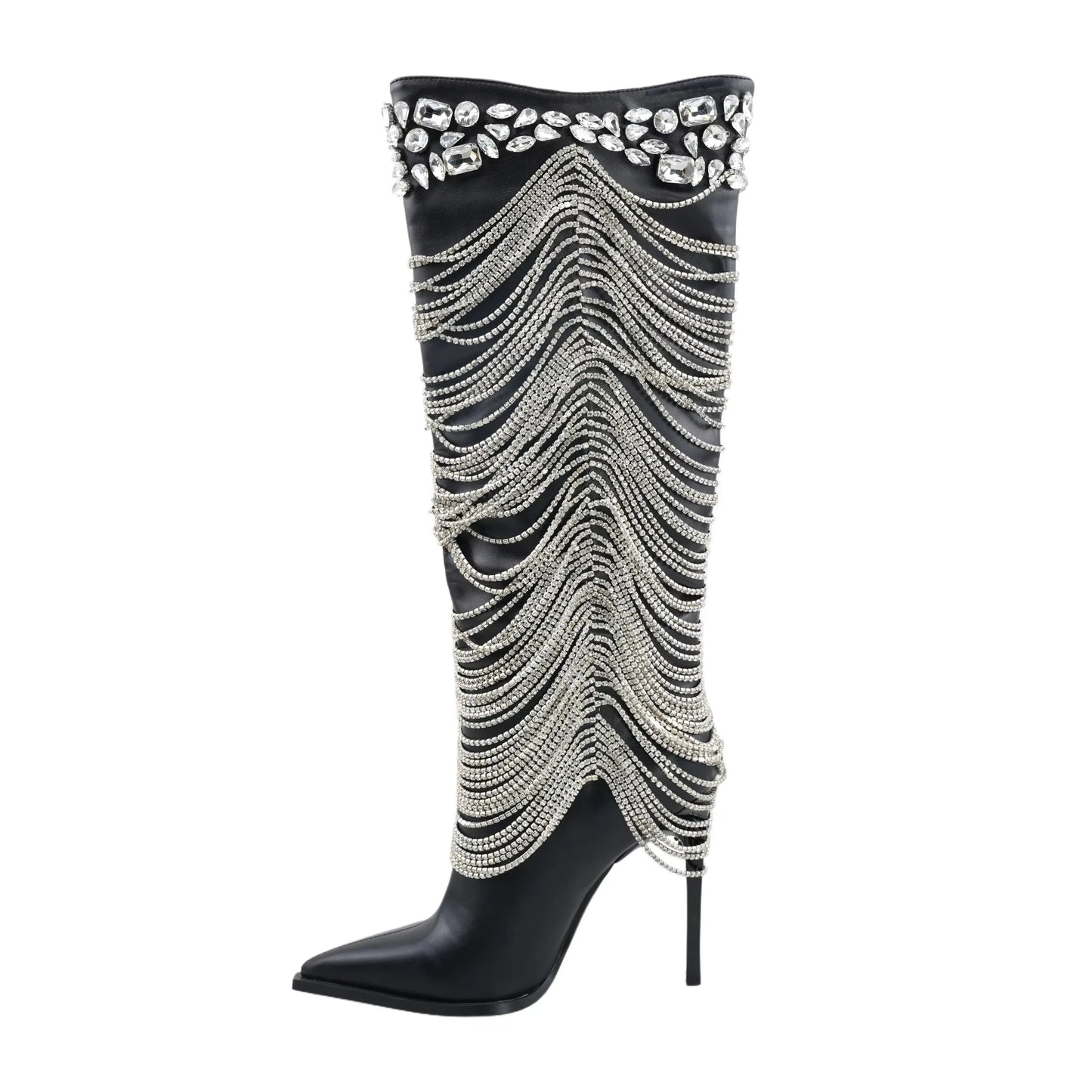 Metal Chain Crystal Decor High Heel Over the Knee Boots