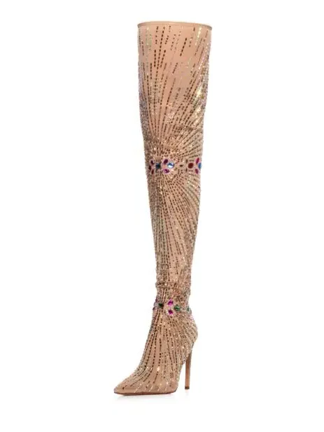 Crystal Diamond Patchwork High Heels Thigh Sock Over The Knee Boots