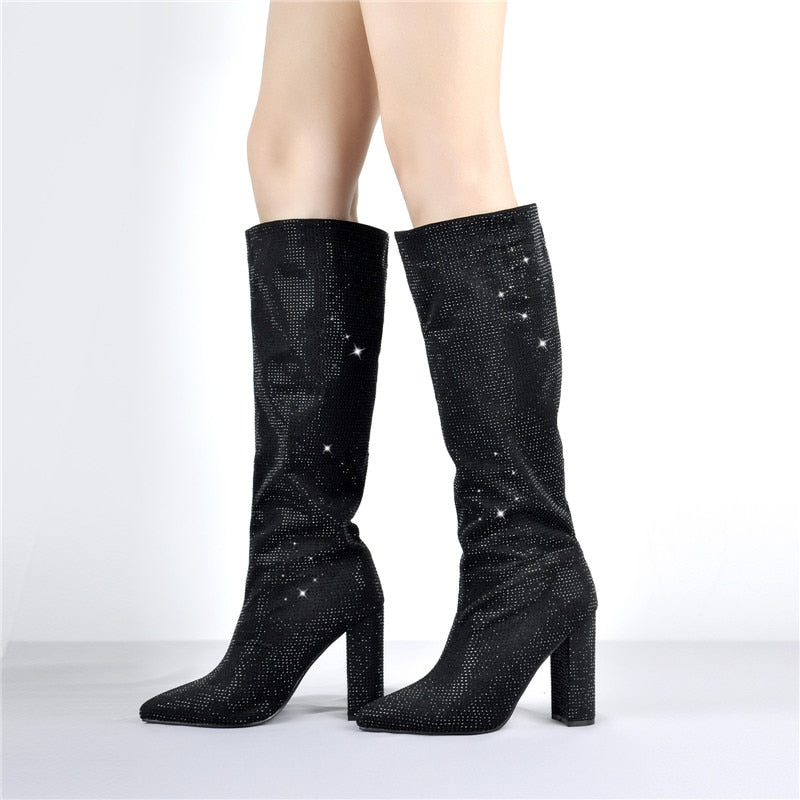 Pointed Toe Rhinestones Bling Square Heels Knee-High Boots