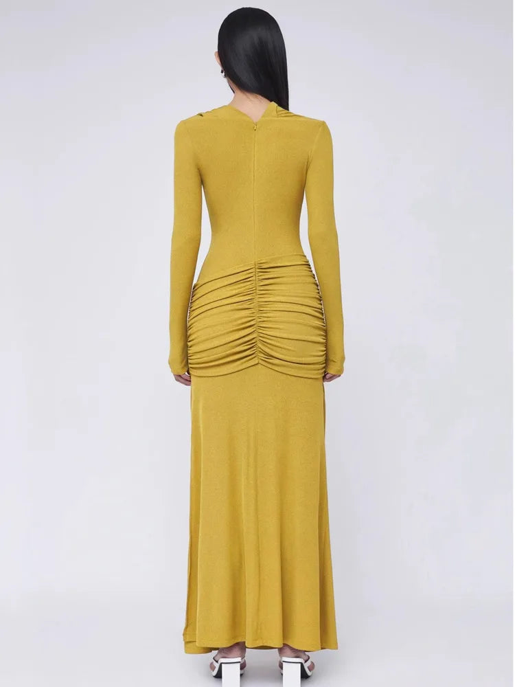 Diagonal collar Long Sleeves Folds Elastic Zipper Slim Maxi Dress