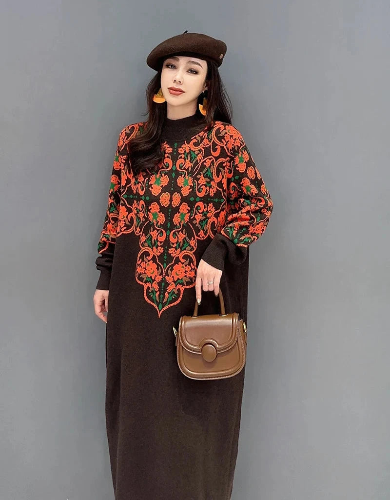 Printed O-neck Long Sleeve A Line Maxi Pullover Dress