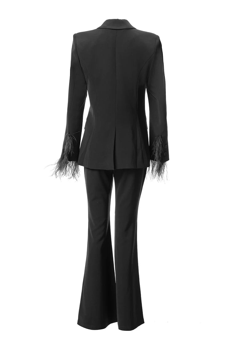 Lapel Caller Tassels Feather Long Sleeve Blazer Straight Trousers Set