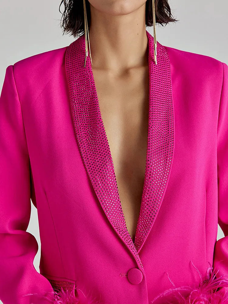 Shawl Collar Detachable Feathers Long Sleeve Patchwork Diamonds Blazers