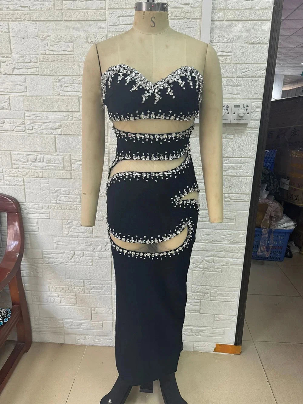 Strapless Diamond Chain Mesh Patchwork Bandage Maxi Dress