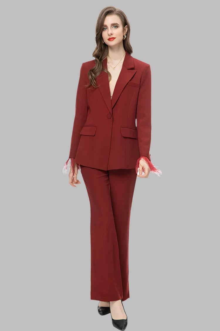 Lapel Caller Tassels Feather Long Sleeve Blazer Straight Trousers Set