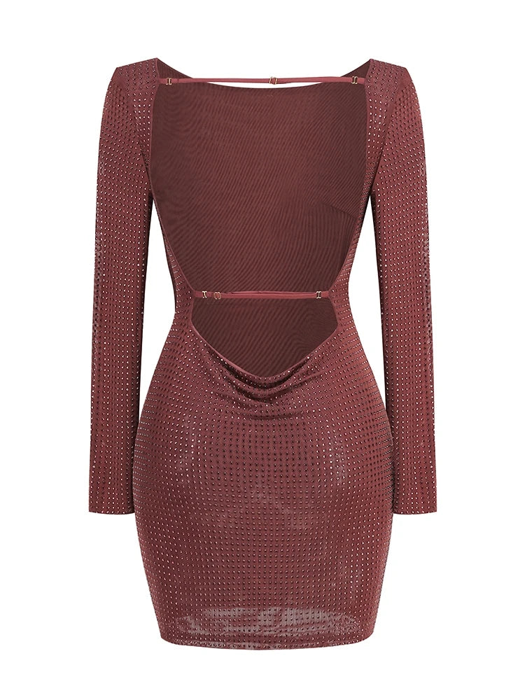 Backless Mesh Crystal Diamond Bright Rhinestone Long Sleeve Mini Dress