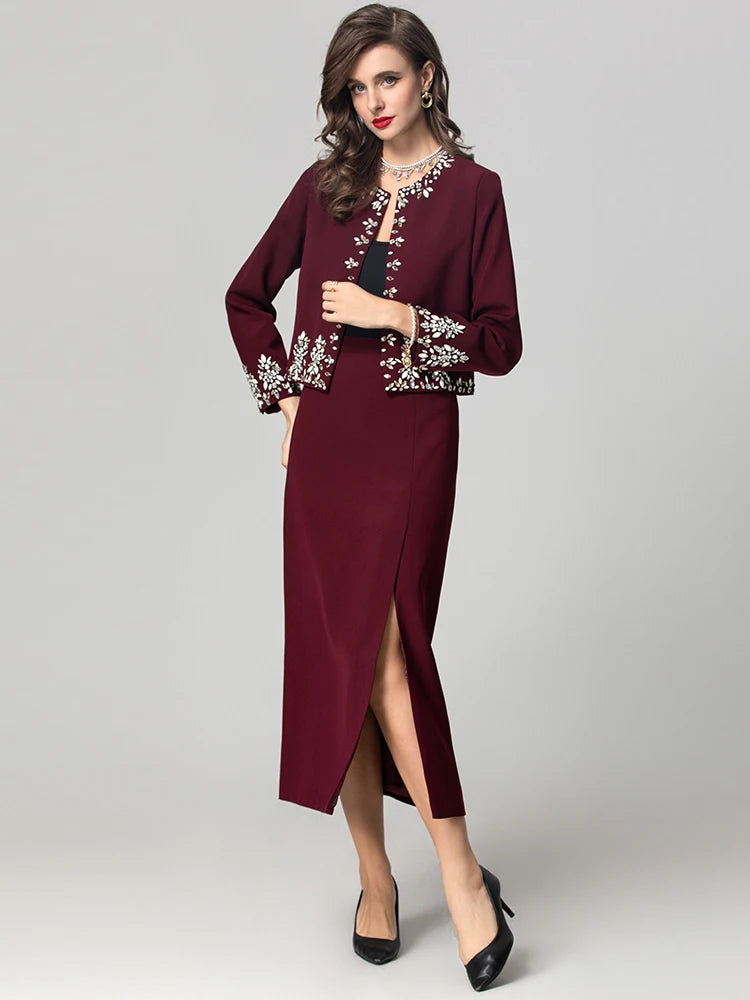 O-Neck Long Sleeves Diamonds Jacket Split Long Pencil Mid Skirt Set