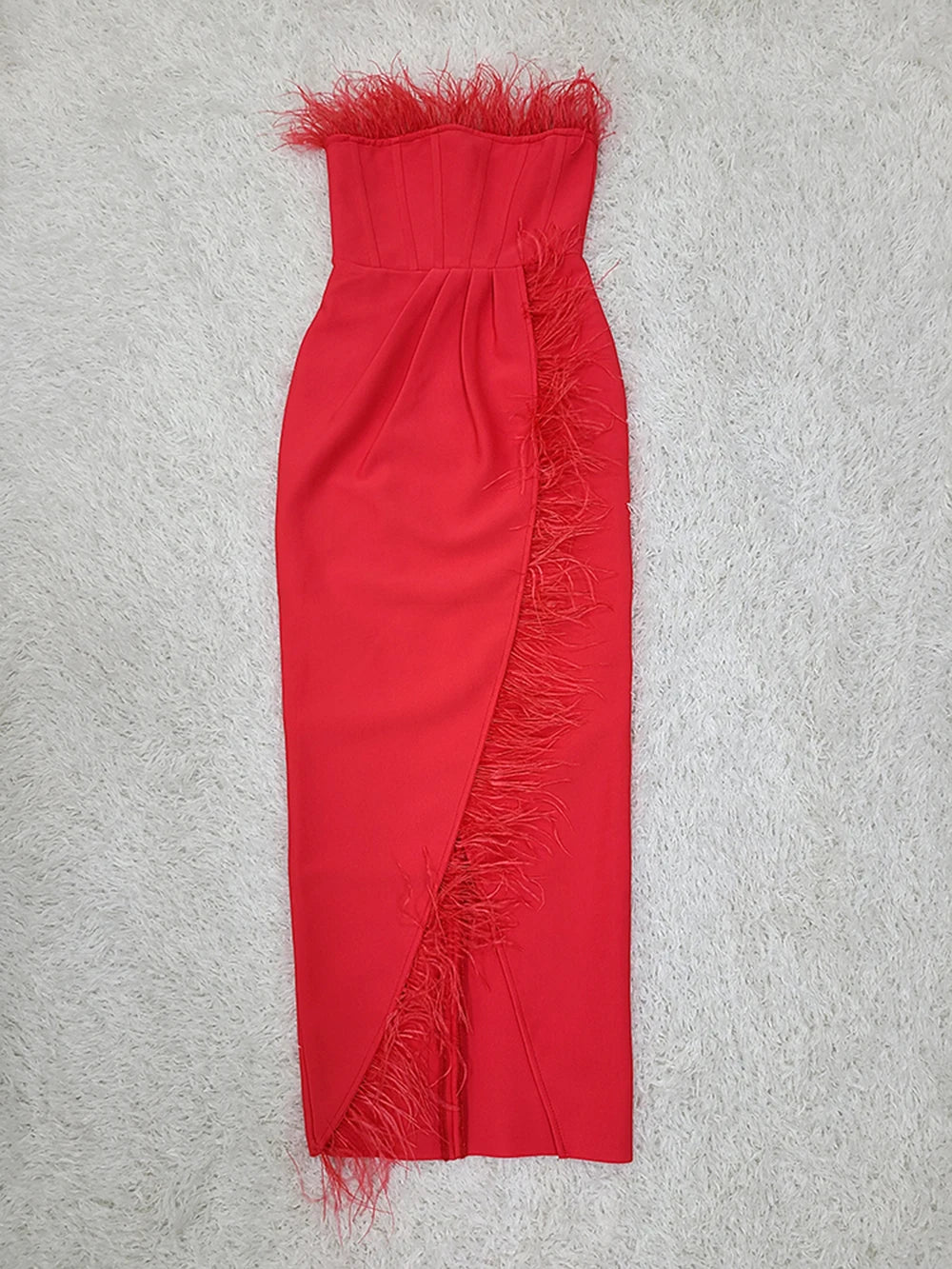 Strapless Feather Tight Split Bandage Maxi Dress