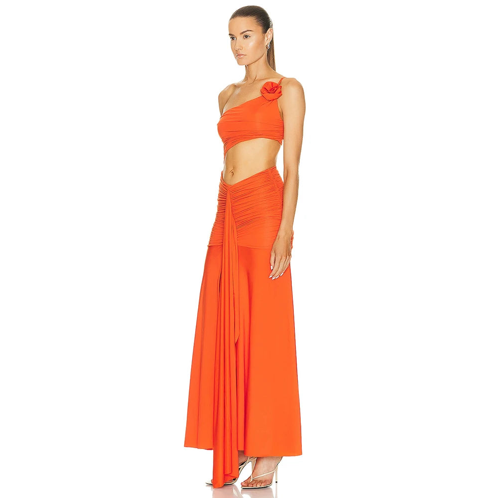 Sleeveless One Shoulder Pleated Hollow out Maxi Dress