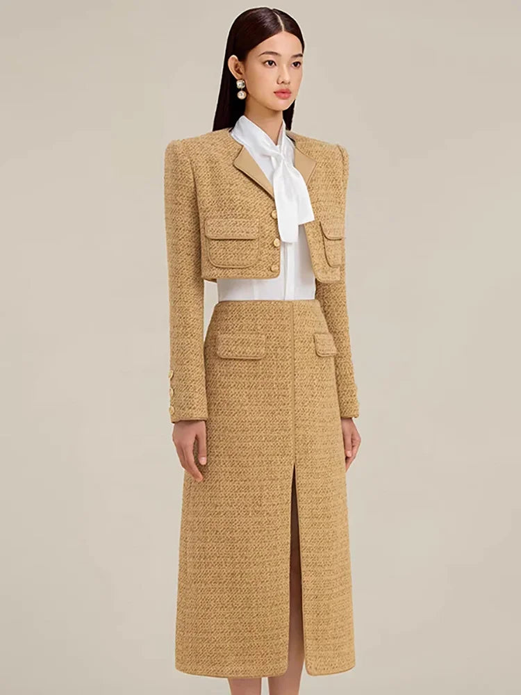 Long Sleeve Tweed Mini Jacket Slim Split Mid Skirt Set