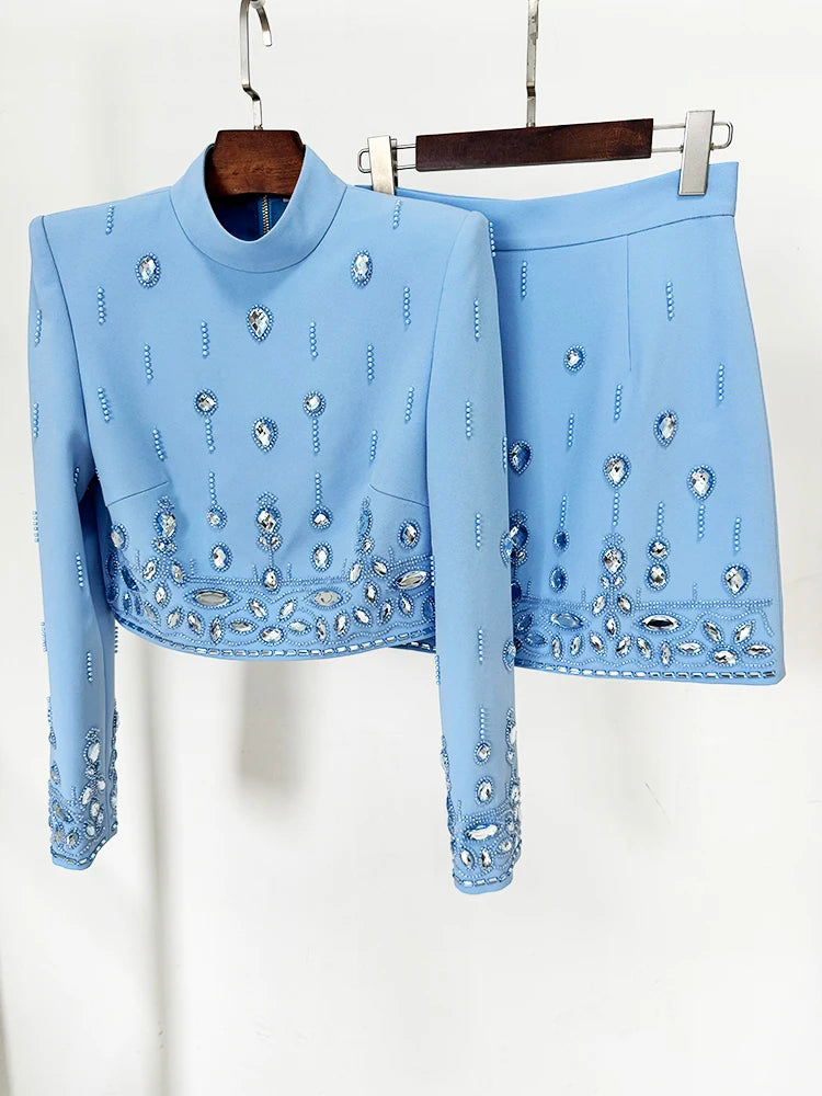 Stand O-Neck Beaded Diamond Patchwork Mini Top Mini Skirt Set