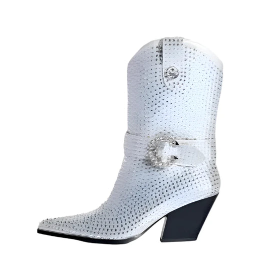 Rhinestone Crystal Buckled Chunky Mid Heel Ankle Boots