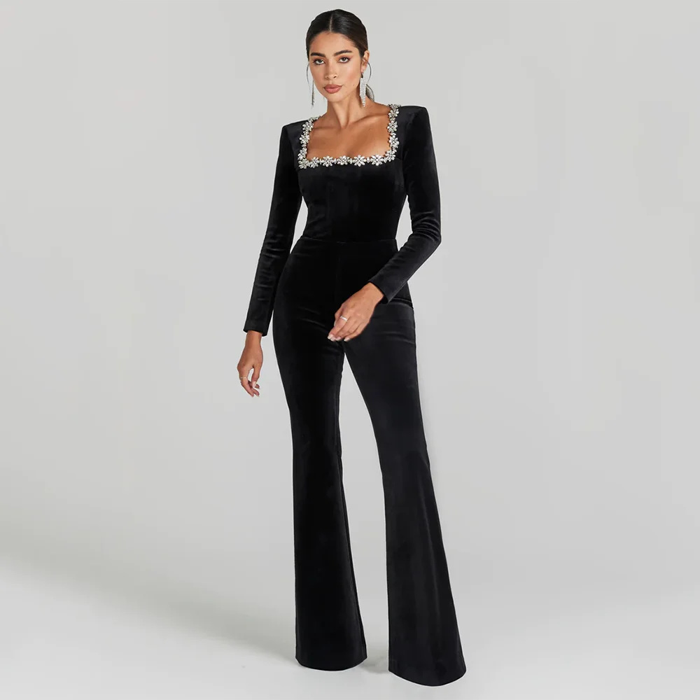 Square Neck Diamond High Waist Wide Leg Bandage jumpsuit