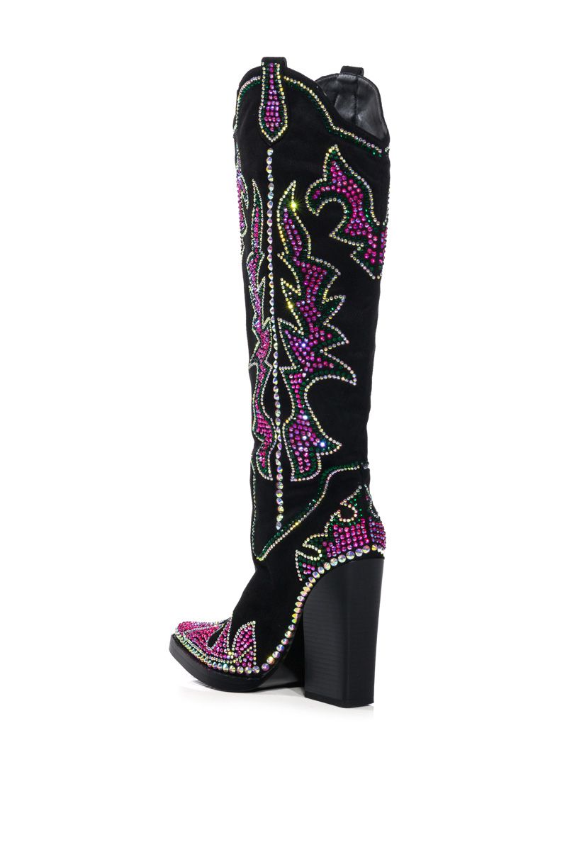 Embroidered Crystal Chunky Denim Square Heel Knee High Boots