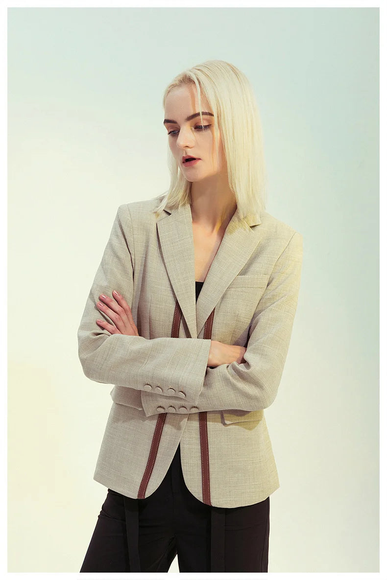 Notched Collar Spliced Contrasting Colours PU Leather Belt Blazer