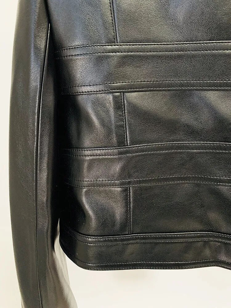 PU Faux Leather O-Neck Long Sleeve Single Breasted Jacket Mini Skirt Set