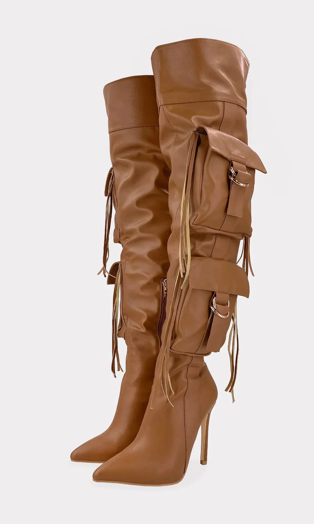 Pu Leather Tassel Pointed Toe Pocket Big Calf Thin Heel Over The Knee Boots