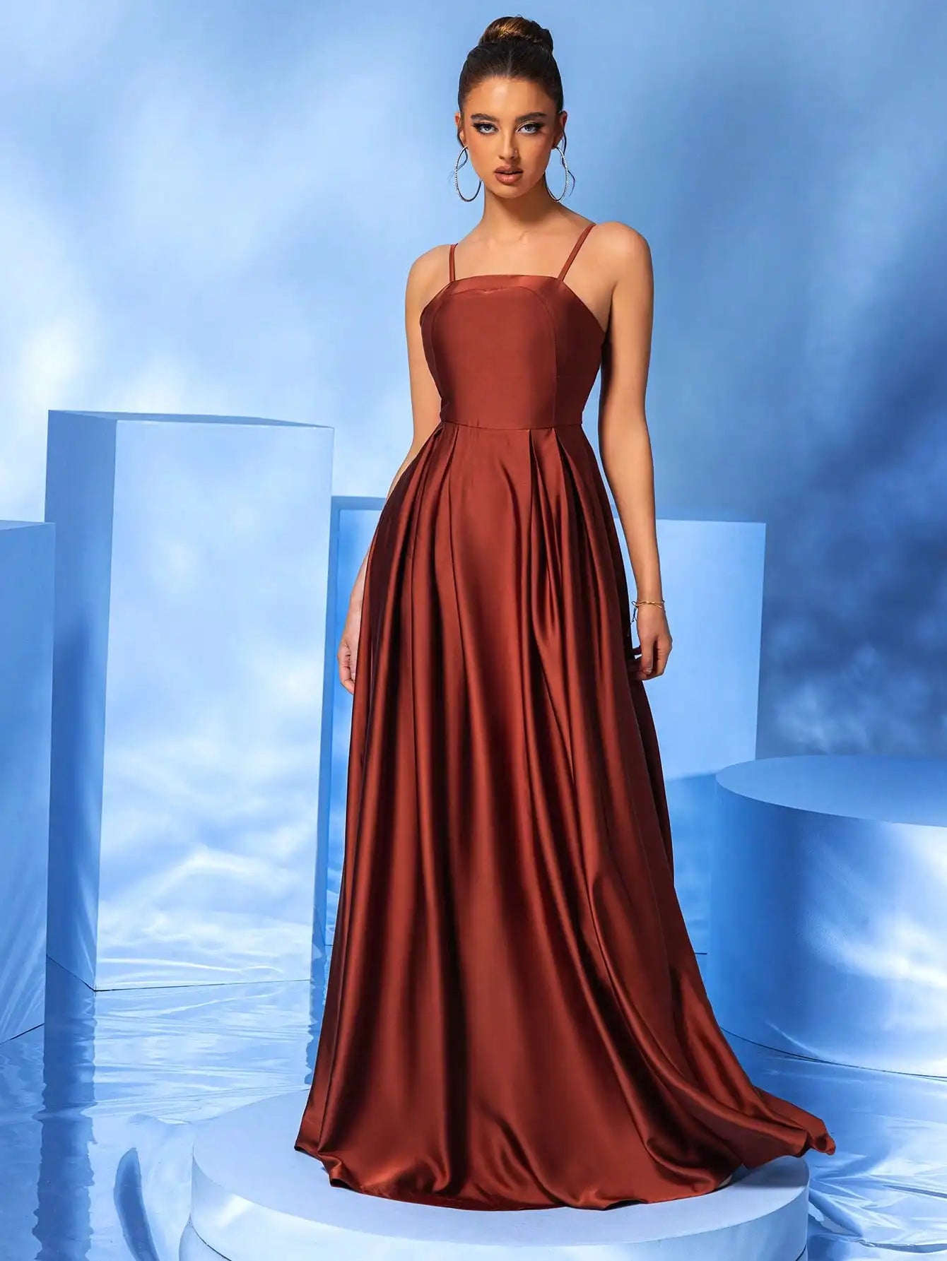 Spaghetti Strap Ruched Sleeveless Formal Ball Gown Evening Maxi Dress