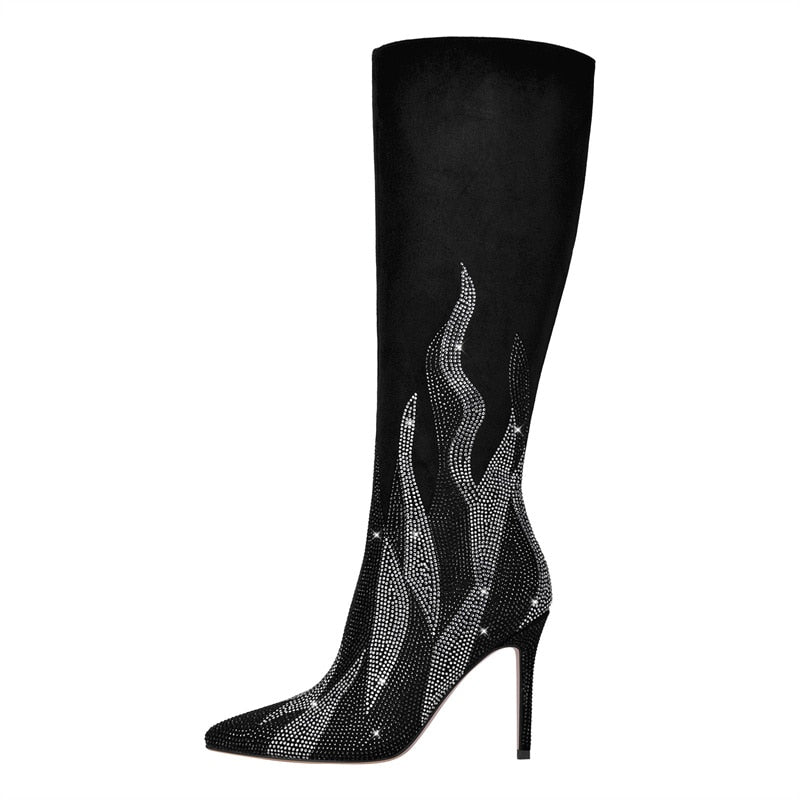 Rhinestone Pointed Toe Sides Zipper Thin Heel Knee-High Boots