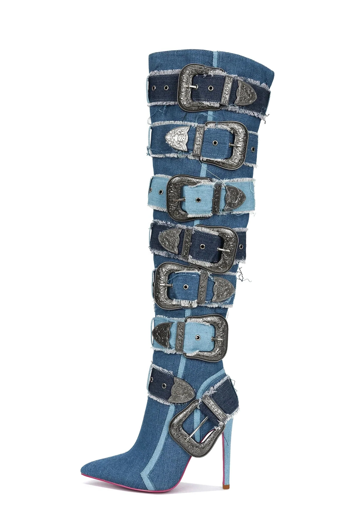 Multicolour Denim Belt Buckled High Heel Over The Knee Boots