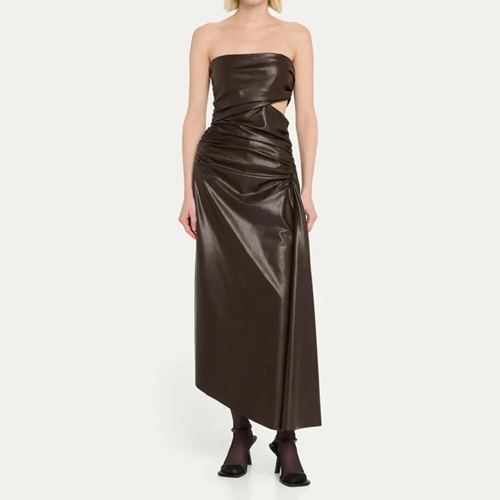 Pleated Hollow PU Leather Strapless Open Back Mid Dress