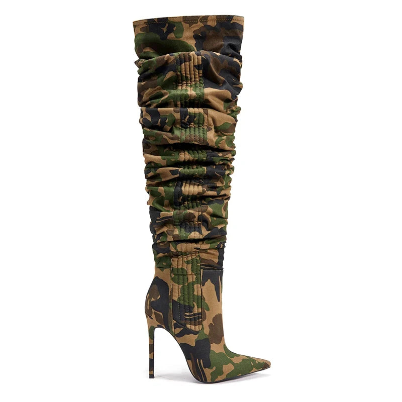 Print Point Toe Soft Canvas High Heel Over the Knee Boots