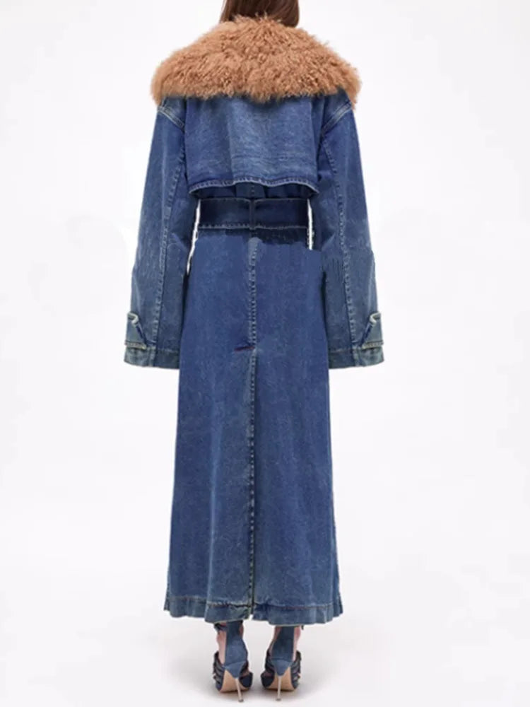 Fur Collar Belt Patchwork Pockets Loose Split Thick Warm Denim Overcoat