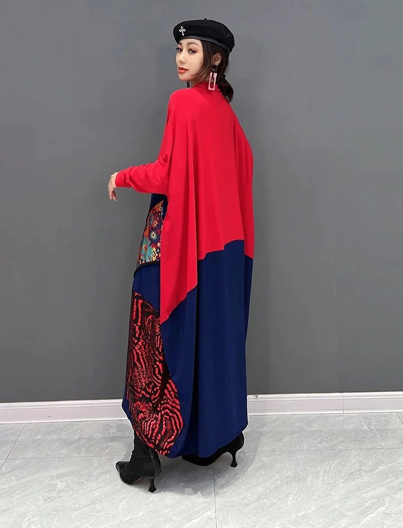 V-Neck Pullover Loose Printing Colour Blocking Bat Sleeve Maxi Dress