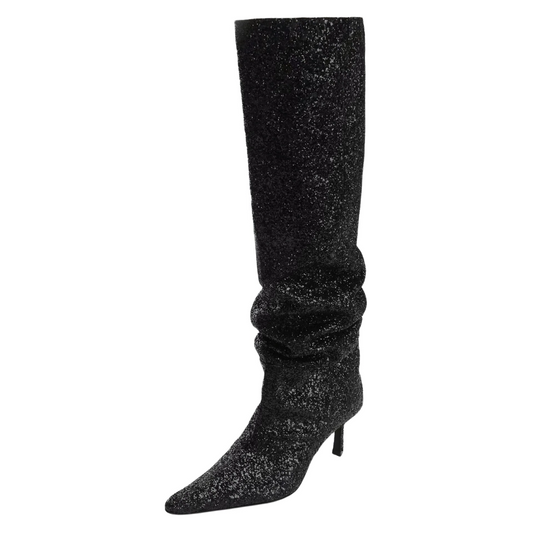 Denim Pointed Toe Tin Mid Heel Knee Boots