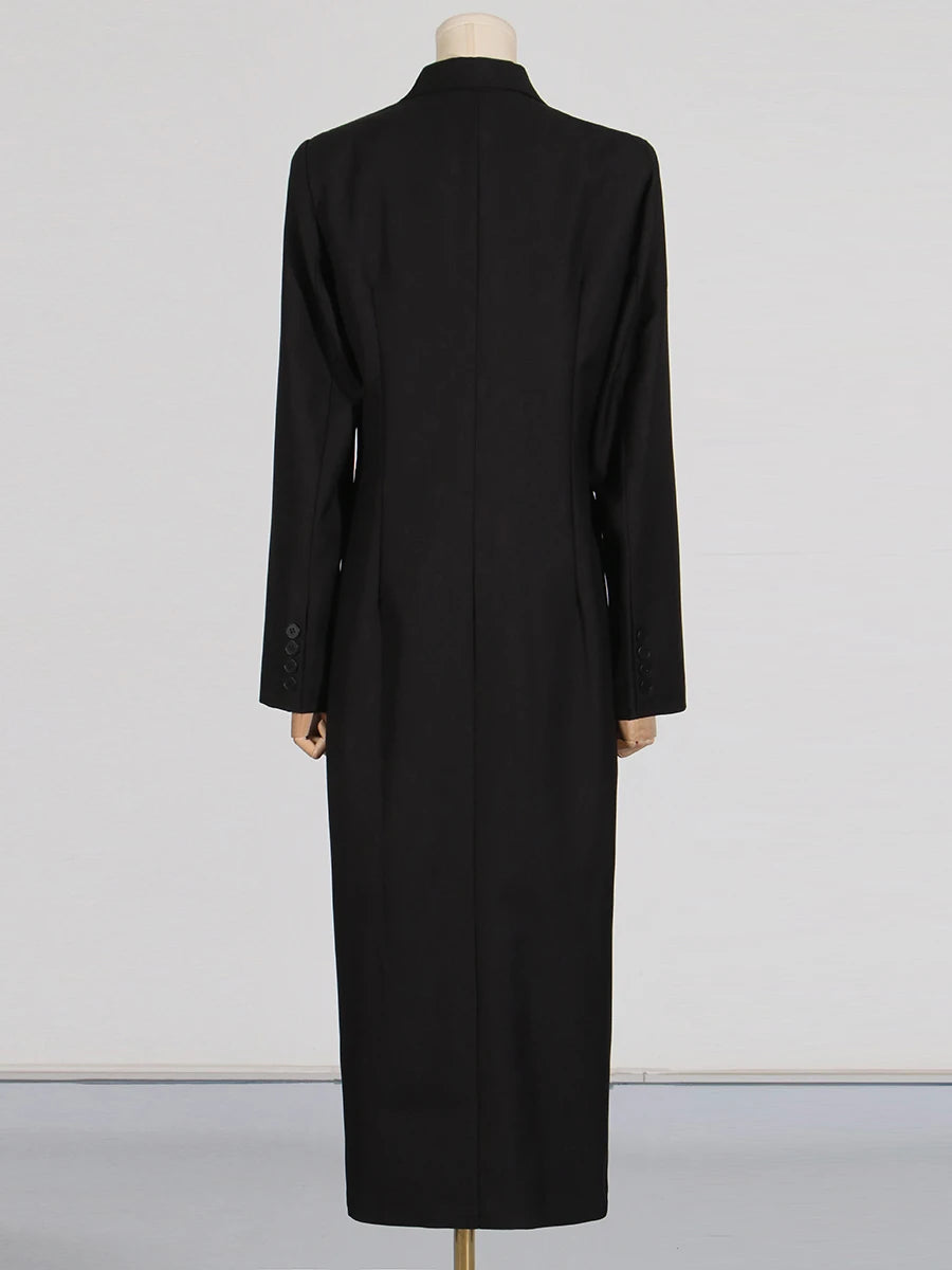 Spliced Pockets Notched Collar Long Sleeve Spliced Button Maxi Coat