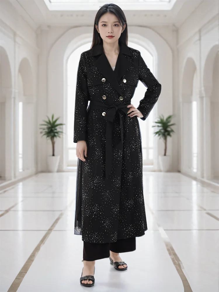 Lapel Double Breasted Sashes Stamping Spliced Mesh Hem Trench Coat