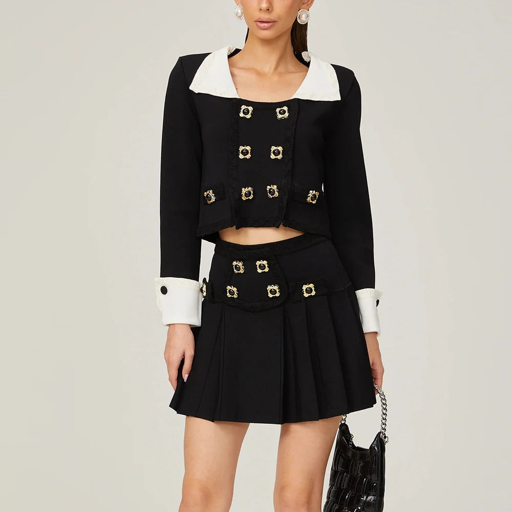 Square Collar Long Sleeve Buttoned Mini Top High Waist Mini Skirt Set