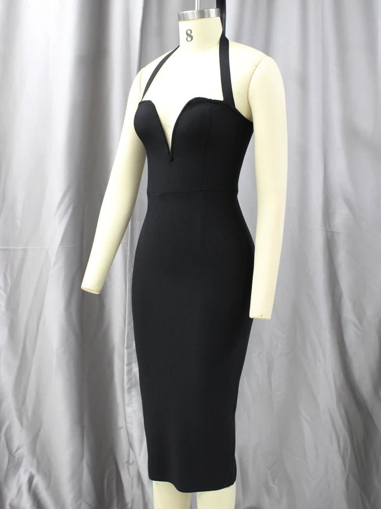 Halter V Neck Bandage Dress V Neck Sleeveless Mid Bandage Dress