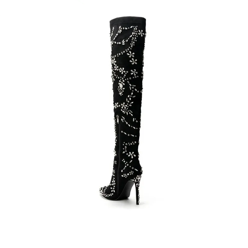 Rhinestone Flock Thigh High High Heels Over The Knee Boots