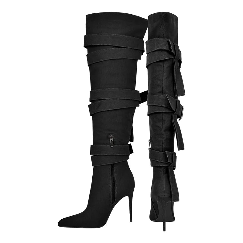 Pointed Toe Canvas Buckle Strap Thin High Heel Zipper Knee High Boots