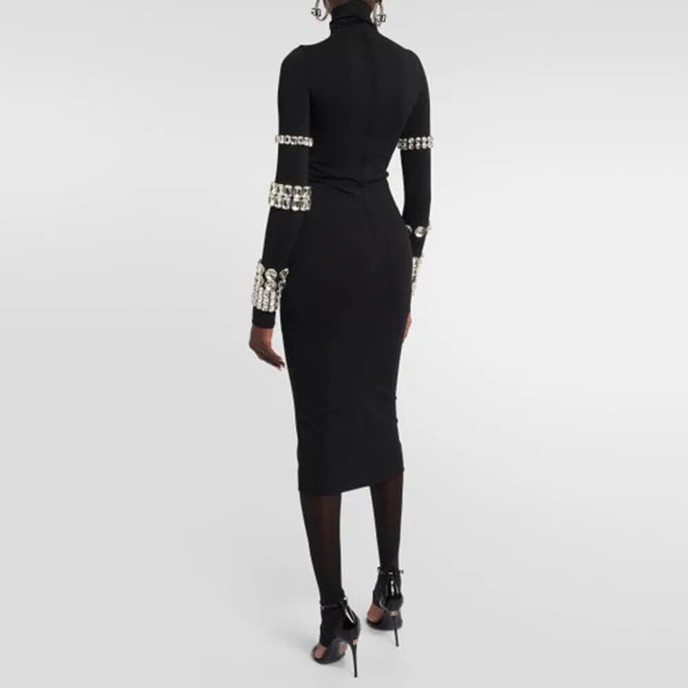 Stand O-Neck  Long Sleeve Diamond Decor Bandage Mid Dress