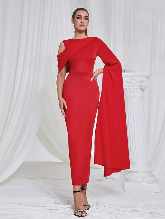 O-neck Single Shoulder Oversized Trumpet Sleeve Maxi Dress