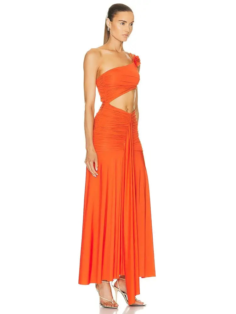 Sleeveless One Shoulder Pleated Hollow out Maxi Dress