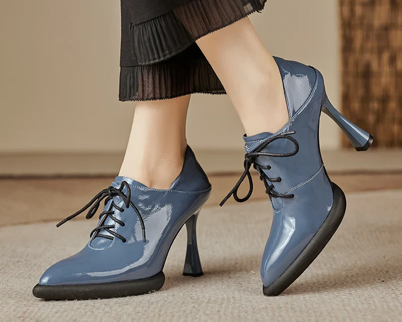 Genuine Leather High Heels Platform Lace Up Shoes