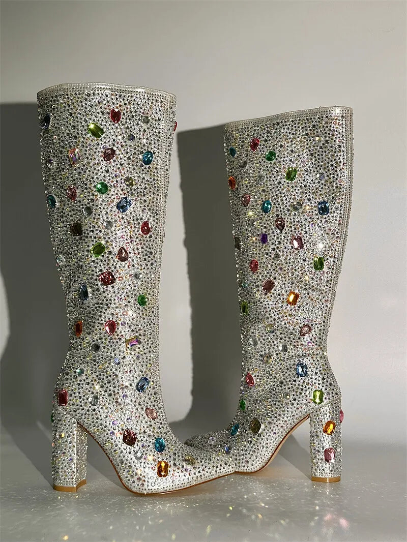 Pointed Toe Rhinestone Block Heel Knee High Boots