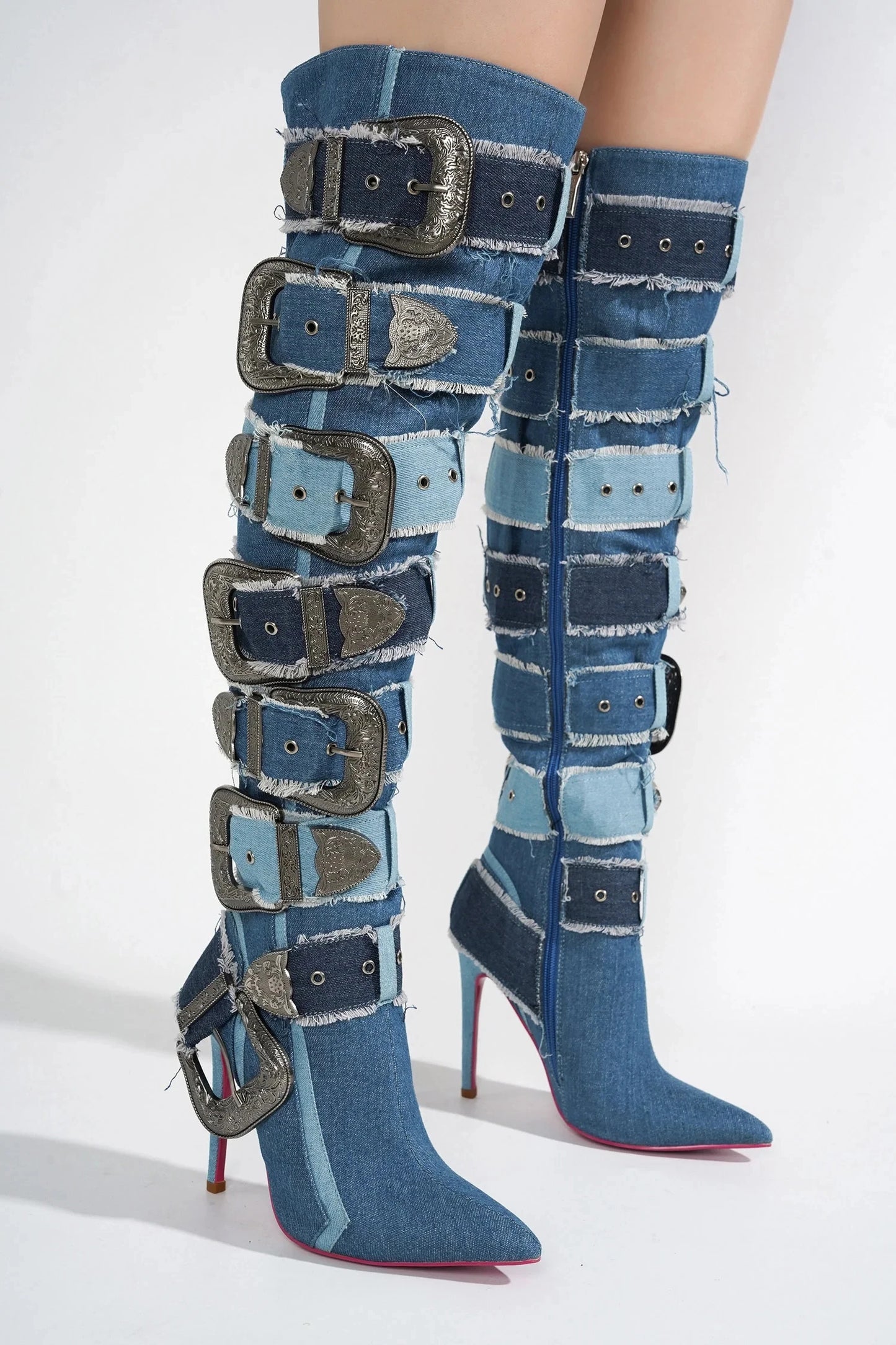 Multicolour Denim Belt Buckled High Heel Over The Knee Boots