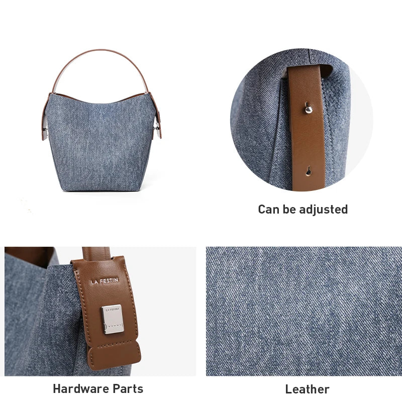 Denim Leather Handle Versatile Crossbody Bag