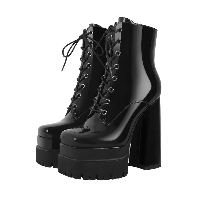 Platform Square Toe Block Chunky High Heel Lace Up Ankle Boots