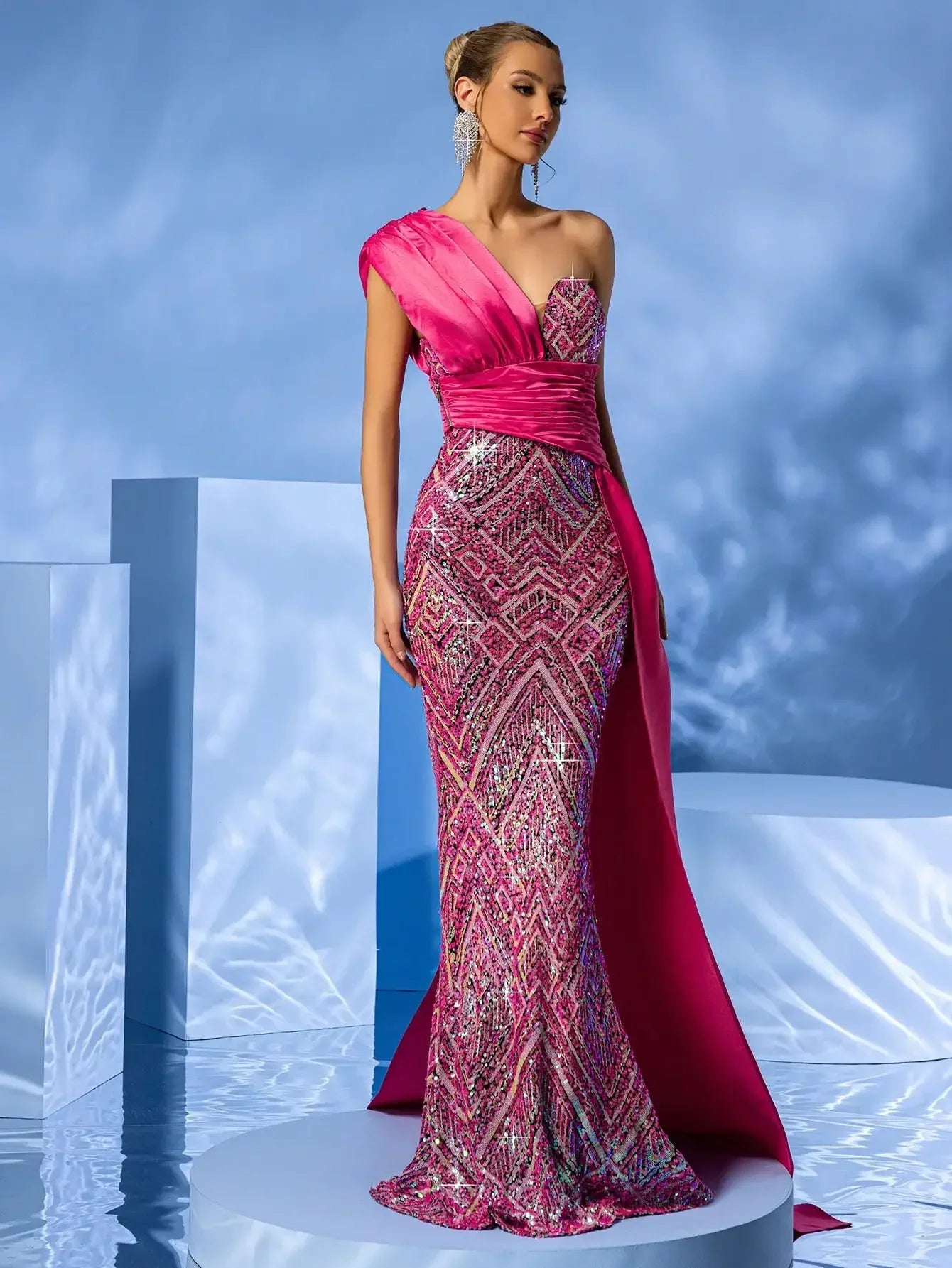 Sleeveless One-Shoulder Pink Sequined Trimmed Draping Hem Maxi Dress